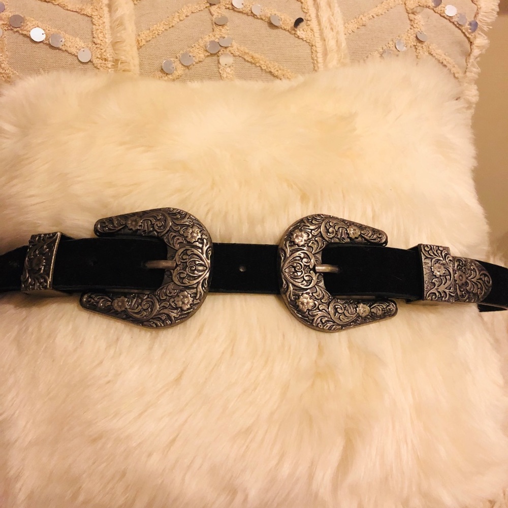 Double Western Silver Black Buckle Belt